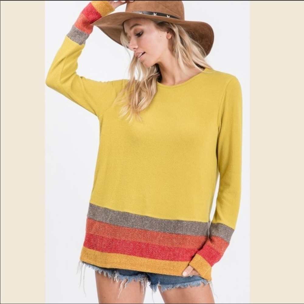 (M-8/10) Mustard sweater w/ striped sleeves & hem - Picture 8 of 8
